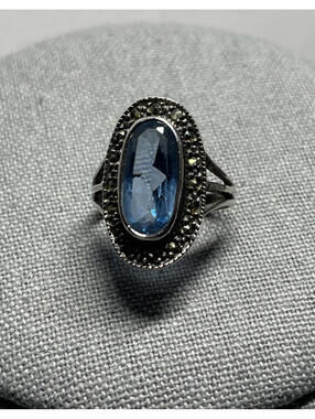 Sterling Silver Band Oval Blue Clear Aquamarine Ring Marcasite Art Nouveau SZ 8